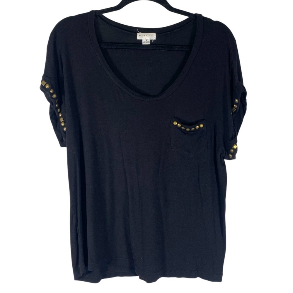 Monteau Black Scoop Neck Shirt Short Sleeve Oversized Studded Size Medium